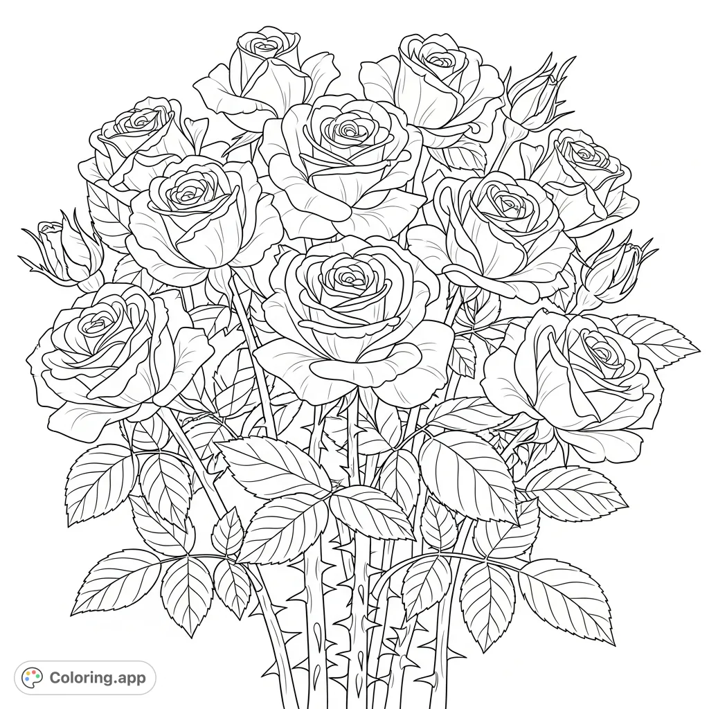A beautiful coloring page featuring a detailed cluster of roses with intricate petals, sharp thorns, and textured leaves. A perfect botanical challenge.