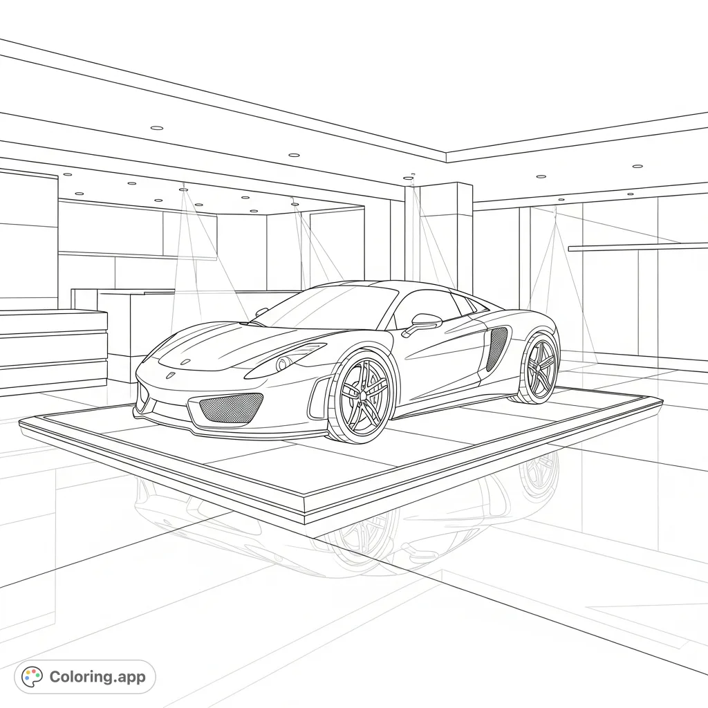 Experience the thrill of a perfectly detailed supercar on display in a sleek, minimalist showroom. A sophisticated car coloring page.