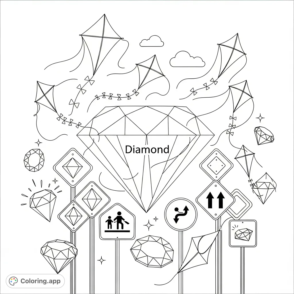 Explore a diamond shape coloring page, featuring kites, road signs, and dazzling gem outlines for creative fun.