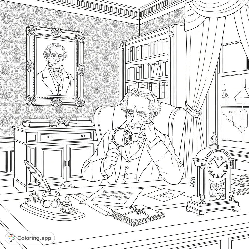 A detailed Charles Dickens coloring page featuring the esteemed author in his Victorian study, surrounded by period artifacts and literary elements.