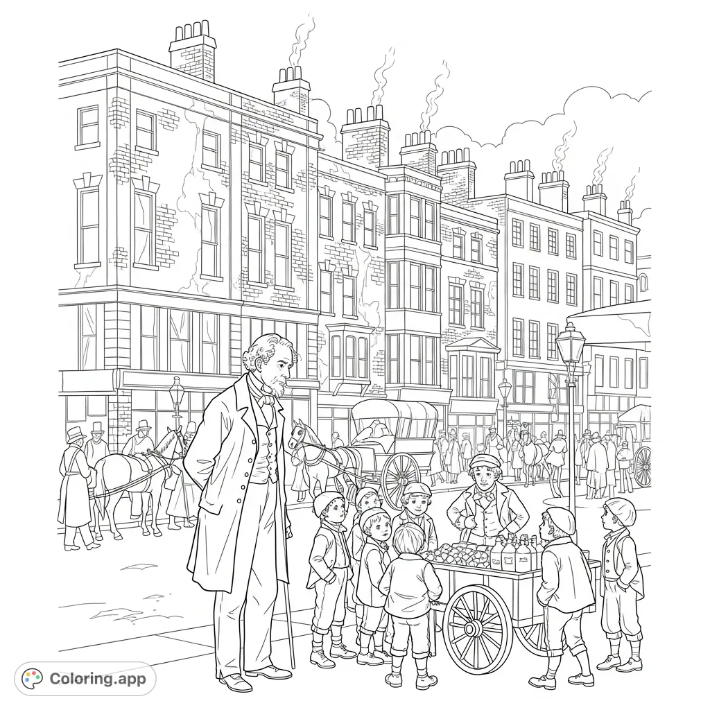 Step into Victorian London with Charles Dickens observing street urchins by a vendor's cart amidst bustling horse-drawn traffic and historic brick buildings.