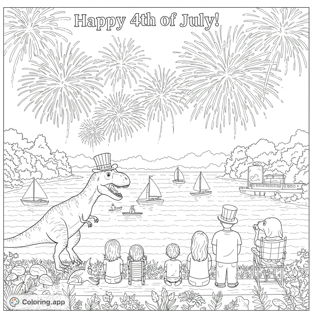 A fun 4th of July coloring page featuring a dinosaur in a top hat, a family, and a dog watching vibrant fireworks over a lake with sailboats.