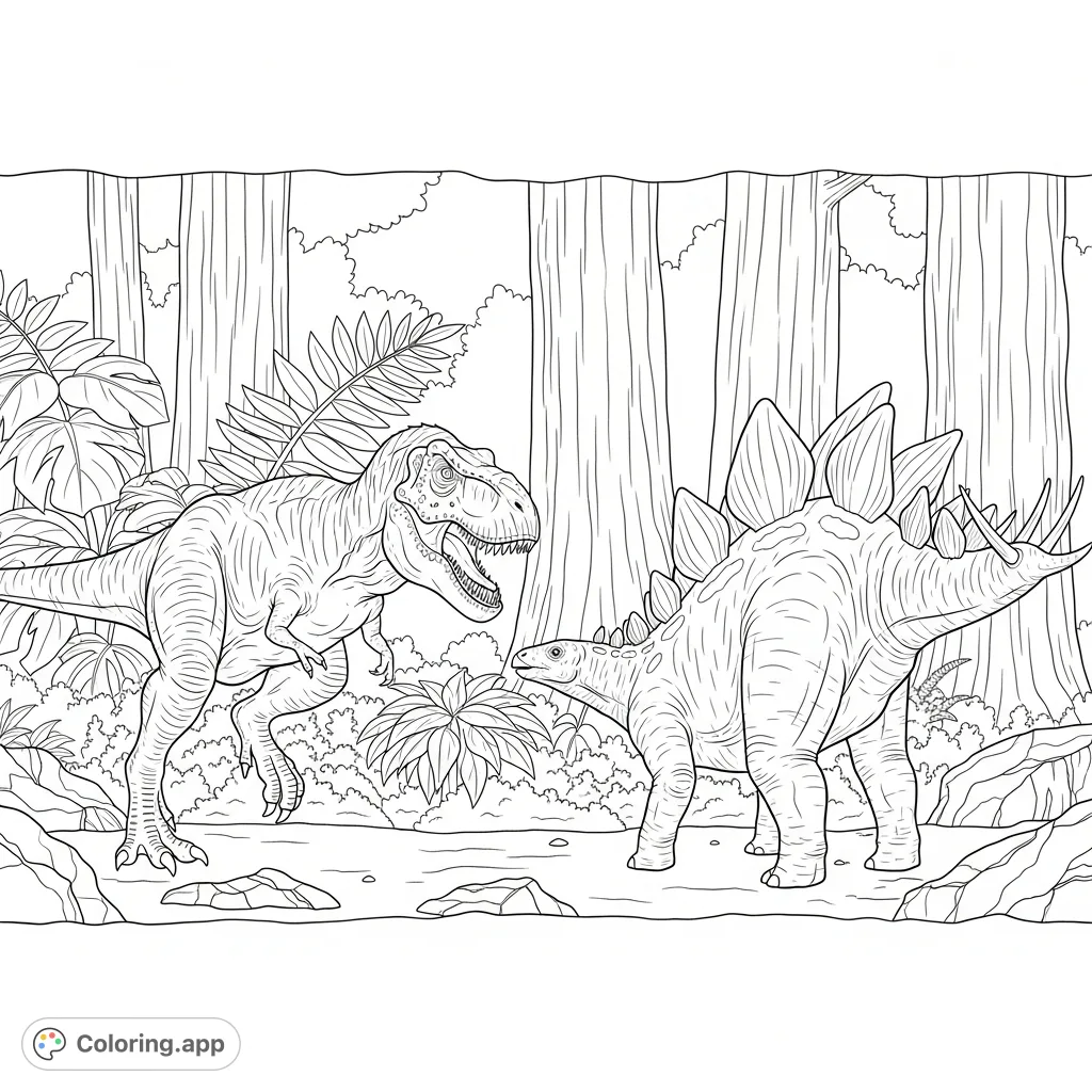 A thrilling prehistoric scene featuring a ferocious T. rex lunging towards a resolute Stegosaurus, tail raised defensively, set against a dense jungle backdrop.