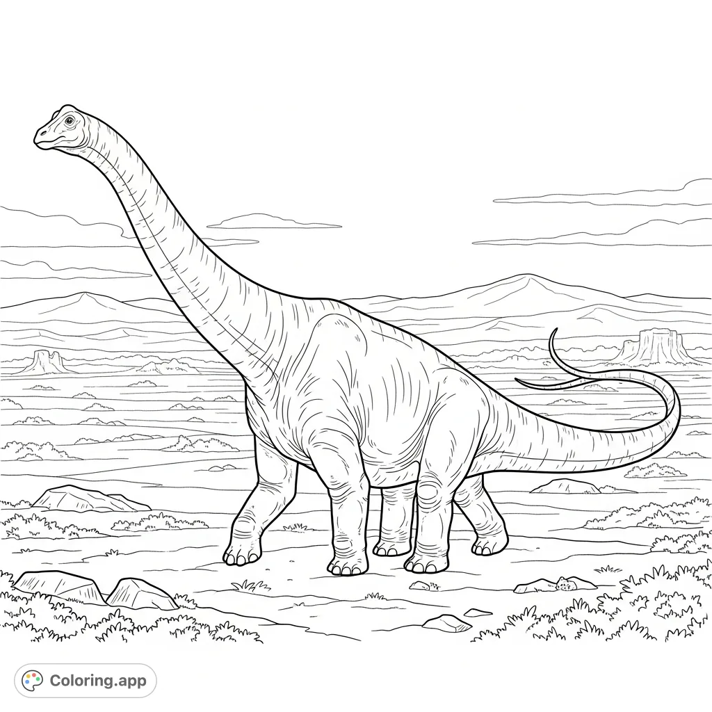 Color a magnificent Diplodocus traversing vast prehistoric plains, with its long neck reaching and tail curving. Distant hills complete this ancient landscape scene.