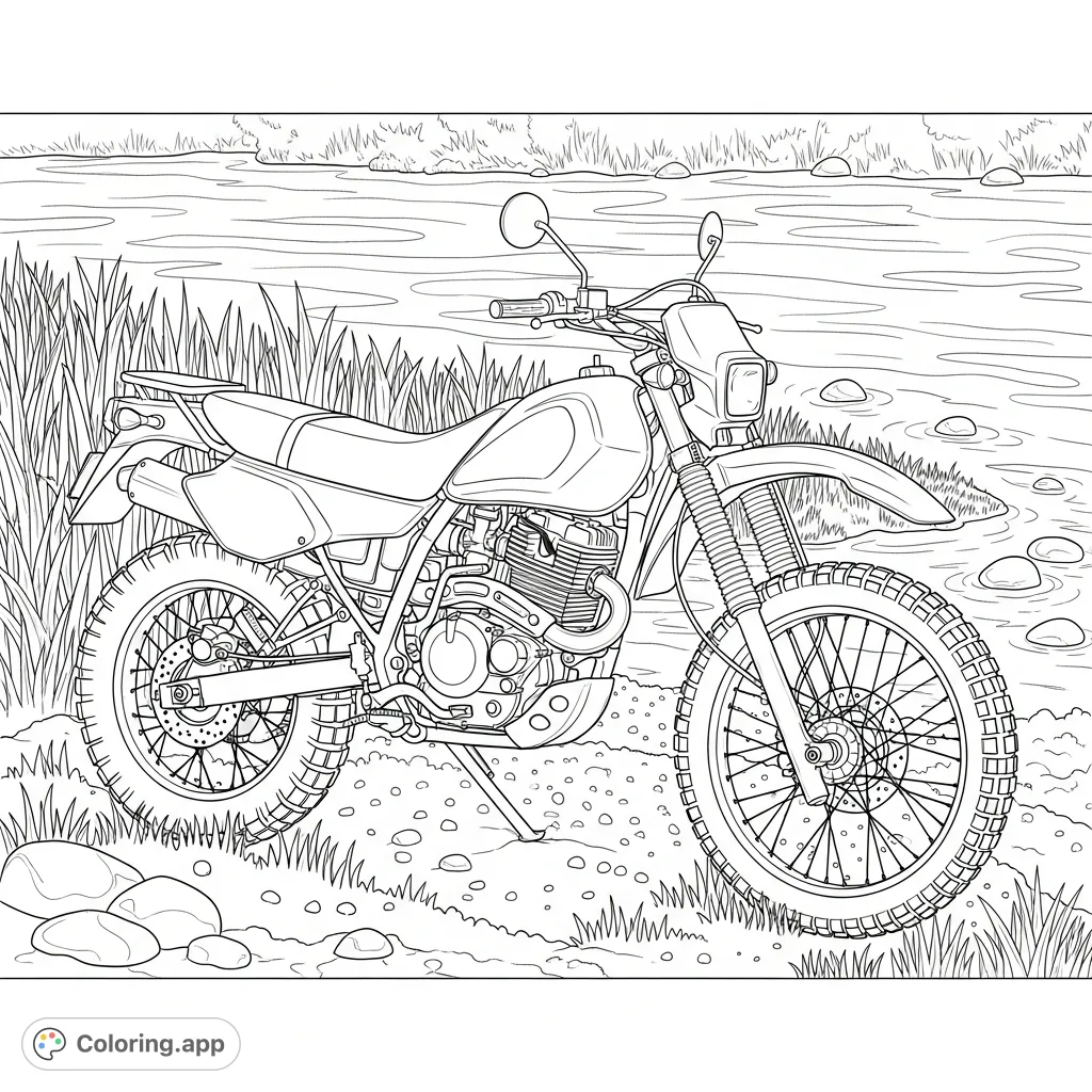 A detailed coloring page featuring a rugged dirt bike parked on a riverbank with simplified water ripples and natural elements. Perfect for adventure lovers.
