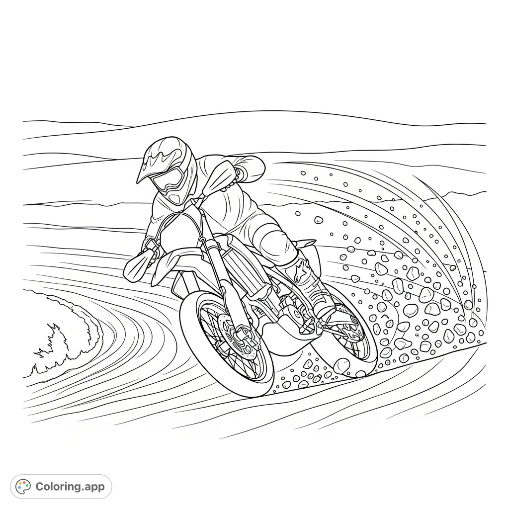 Experience the thrill of off-road racing with this dynamic coloring page featuring a dirt bike mid-drift, kicking up dirt and motion lines.