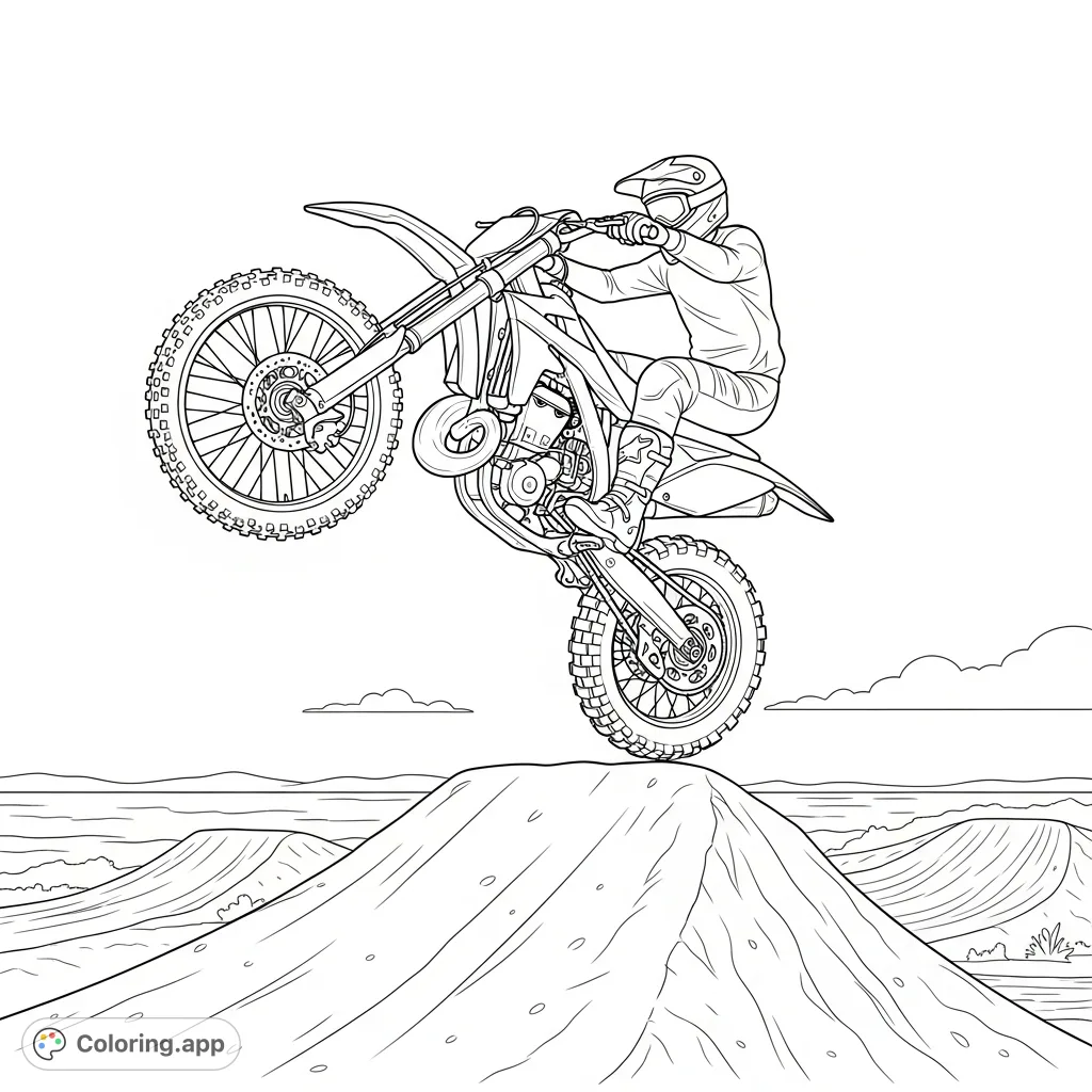 Experience the thrill of a dirt bike mid-air, performing an impressive high jump over a ramp. A dynamic scene for speed enthusiasts to color.