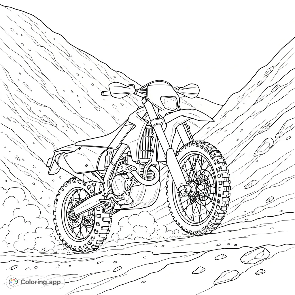 Dynamic dirt bike conquering a steep hill. Emphasized knobby tires and minimal dust create a thrilling scene for an exciting coloring adventure.