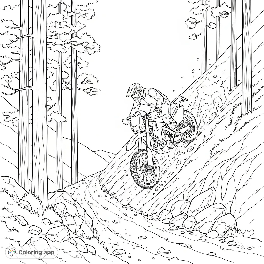 Action-packed coloring page featuring a dirt bike descending a rugged, steep hillside with sparse trees. Exciting details for adventure enthusiasts.
