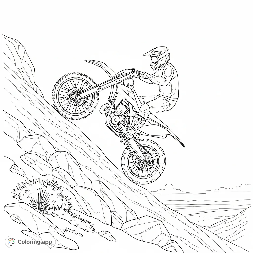 An exhilarating coloring page featuring a motocross dirt bike conquering a steep, rocky mountain path. Perfect for thrill-seekers and motor sports enthusiasts.