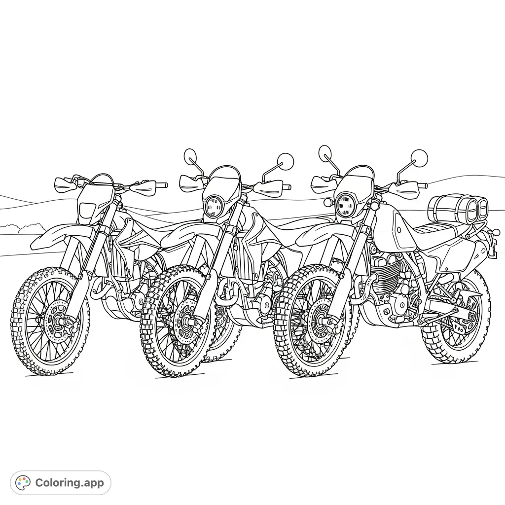 Explore diverse dirt bike designs in this detailed coloring page, featuring motocross, enduro, and trail styles with a minimal landscape background.