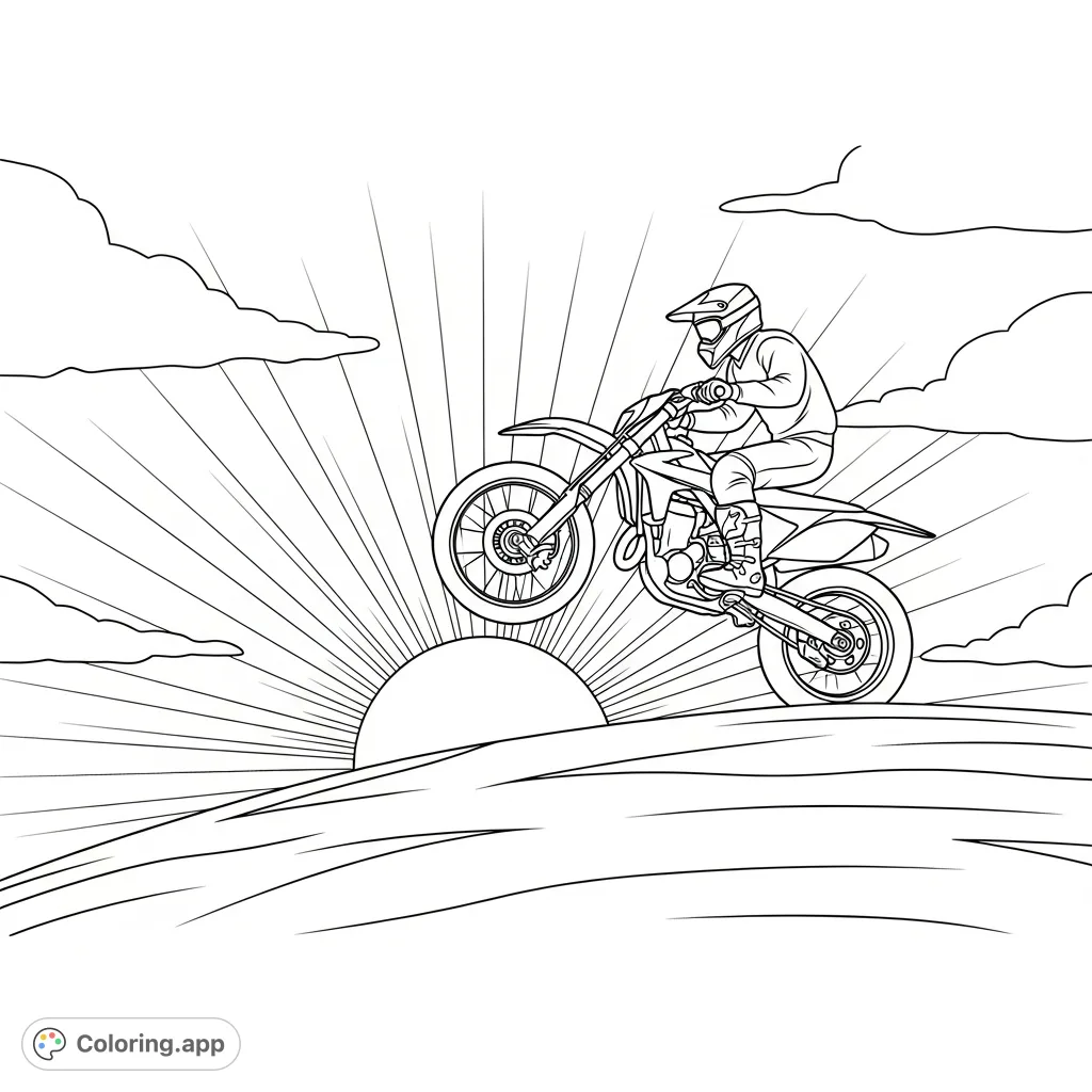 Dynamic coloring page featuring a dirt bike and rider as a silhouette cresting a hill against a vibrant sunset with radiating sun rays.