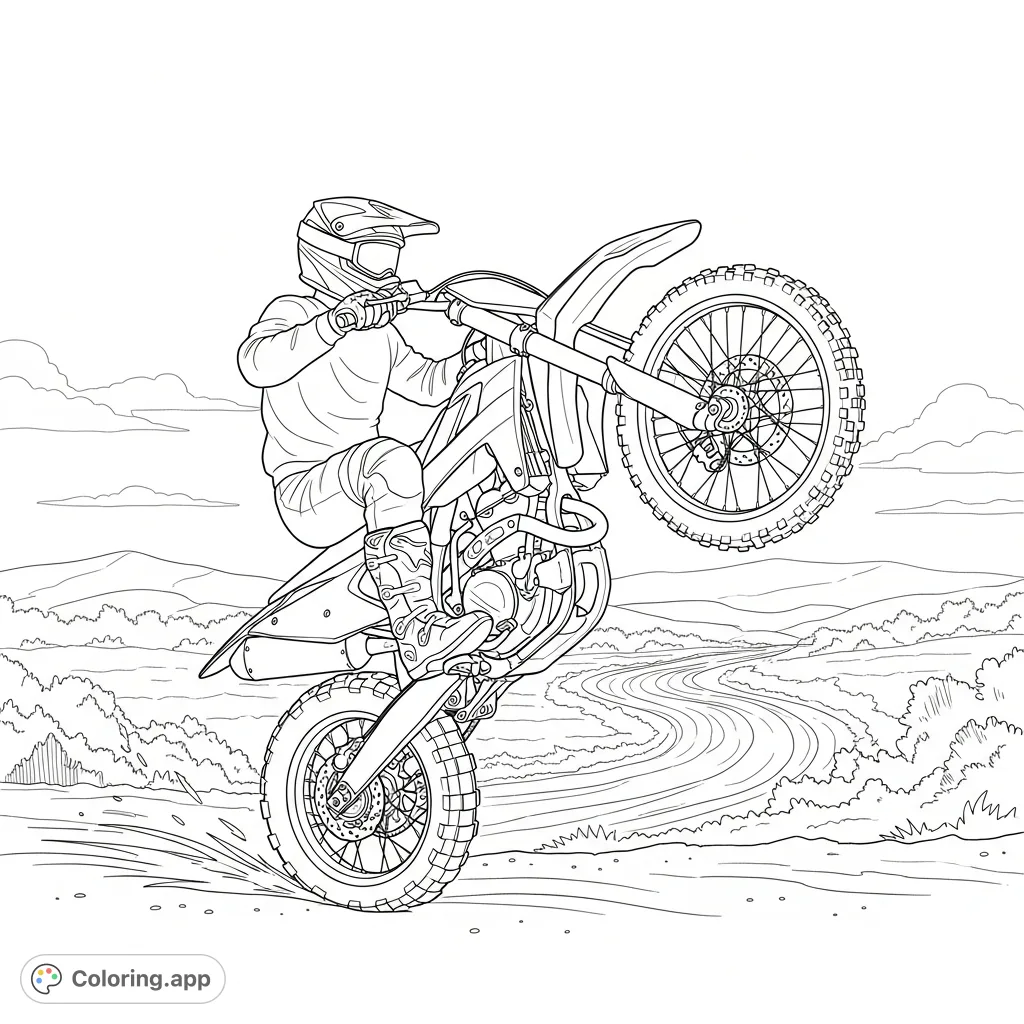 An exciting dirt bike coloring page featuring a rider performing a thrilling wheelie on a rugged off-road track. Detailed bike and dynamic pose.