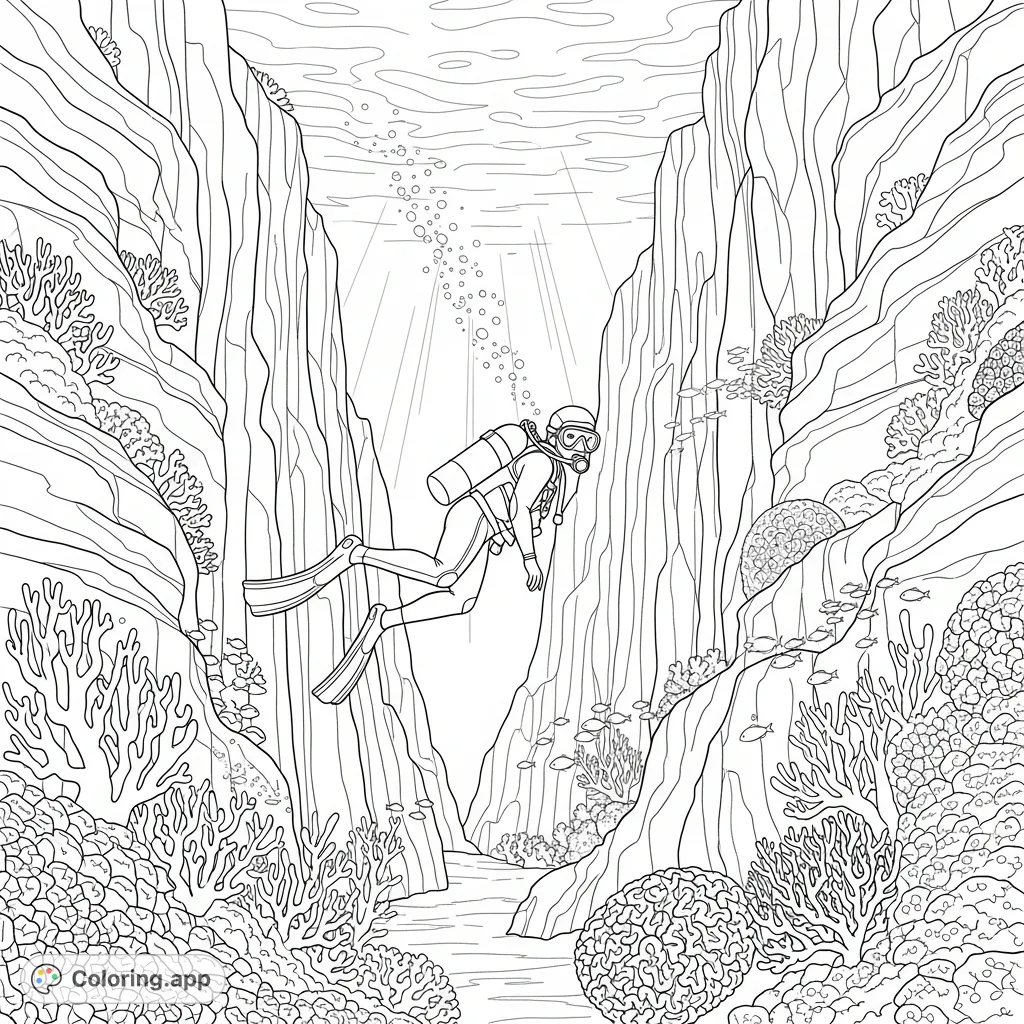 Explore the depths with a diver navigating a majestic underwater canyon, surrounded by intricate coral formations and mysterious marine life in a captivating scene.