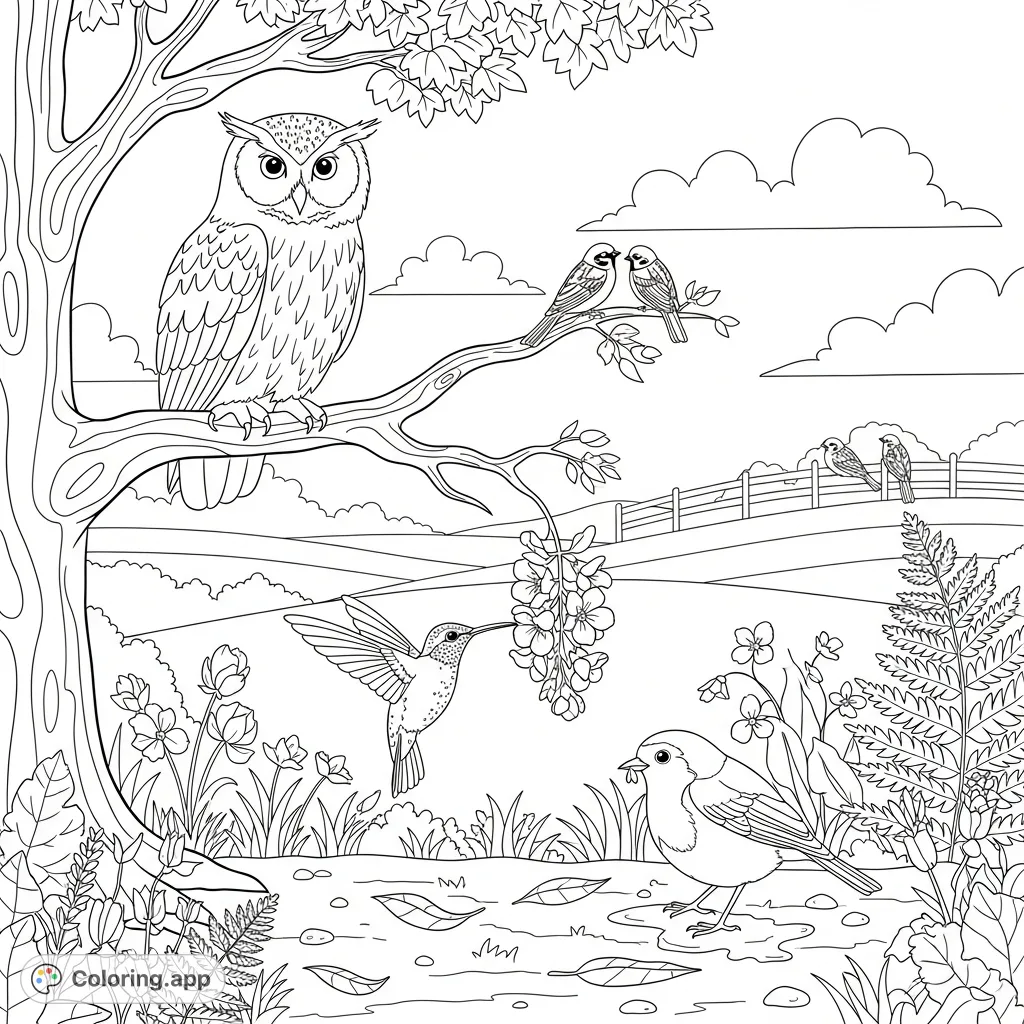 An enchanting coloring page featuring various birds like an owl, hummingbird, robin, and sparrows amidst lush foliage and a natural outdoor setting.