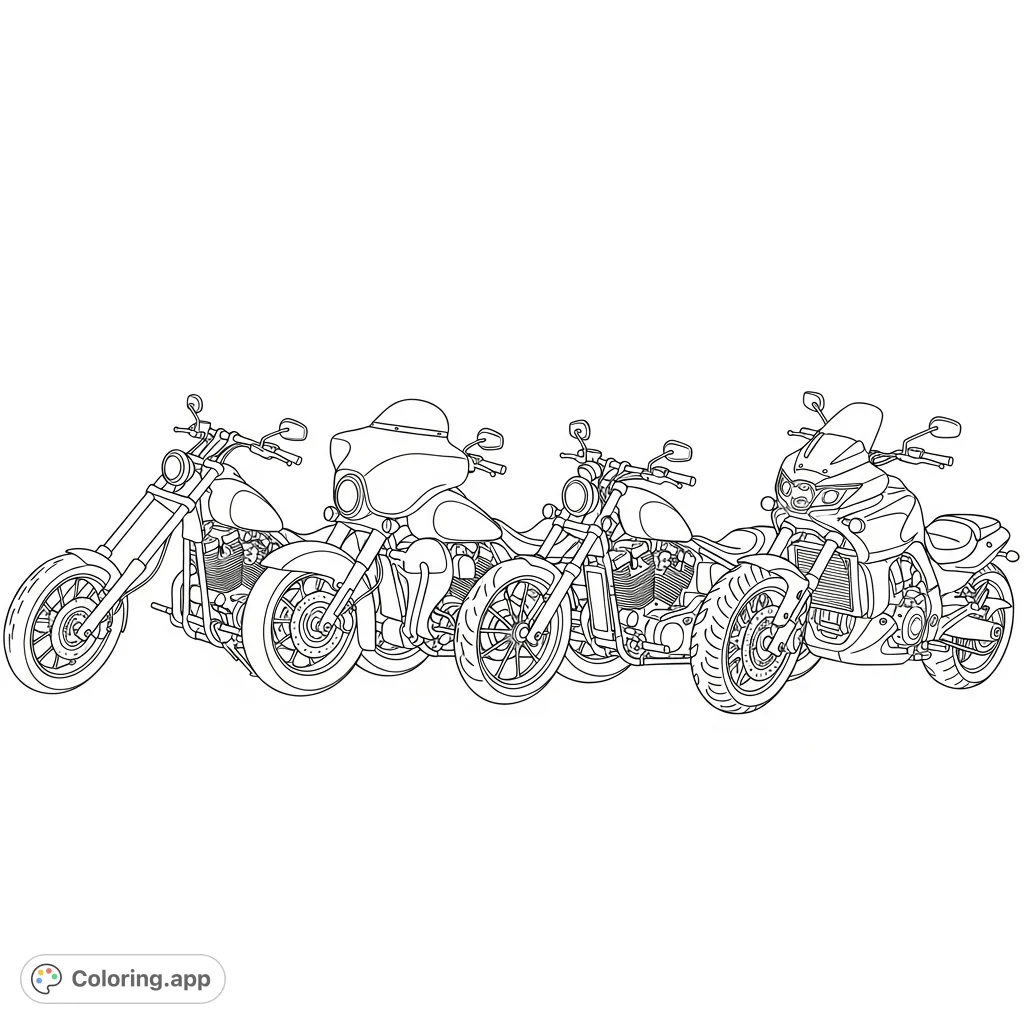 Explore a detailed coloring page featuring a lineup of four distinct cruiser motorcycles: a chopper, touring bike, bobber, and muscle cruiser, ready for personalization.