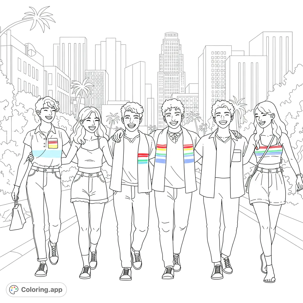 A vibrant diverse group of friends walking happily down a city street, featuring subtle rainbow details and an urban landscape background.