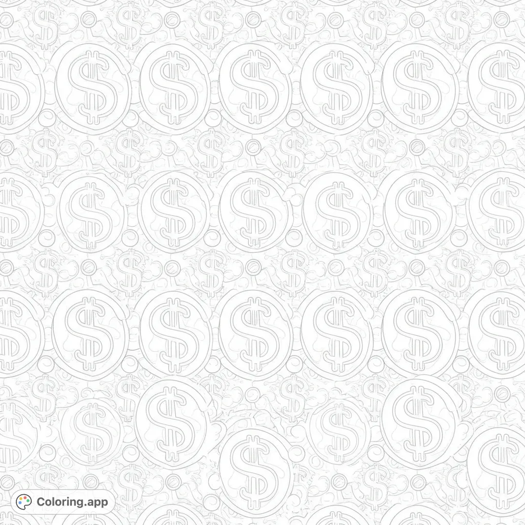 Color a dynamic dollar sign pattern, featuring bold coin-like symbols and intricate background details. A free printable money-themed coloring page for all ages.