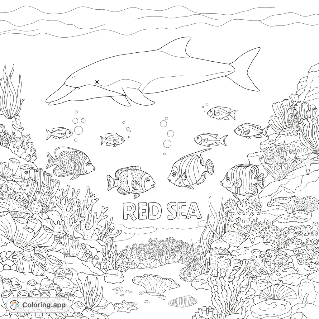 Dive into an enchanting underwater Red Sea coloring page featuring a graceful dolphin, vibrant reef fish, and intricate coral formations.