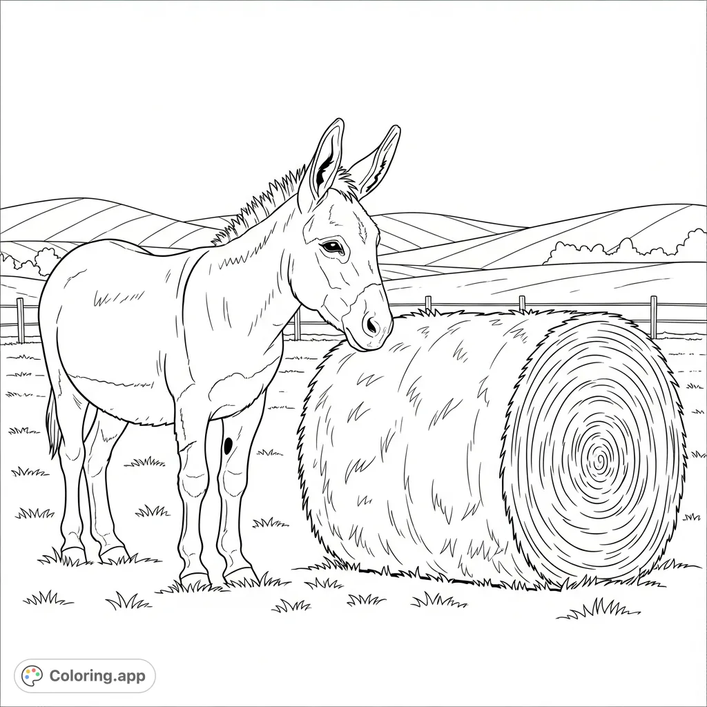 A serene coloring page featuring a gentle donkey standing thoughtfully by a detailed hay bale in a peaceful, rural pasture with rolling hills and fence posts.