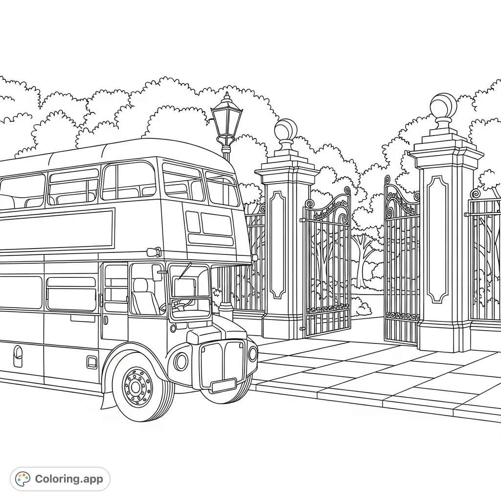Color a charming double-decker bus parked beside an ornate park entrance with lush trees and a classic lamppost. Perfect for travel enthusiasts.