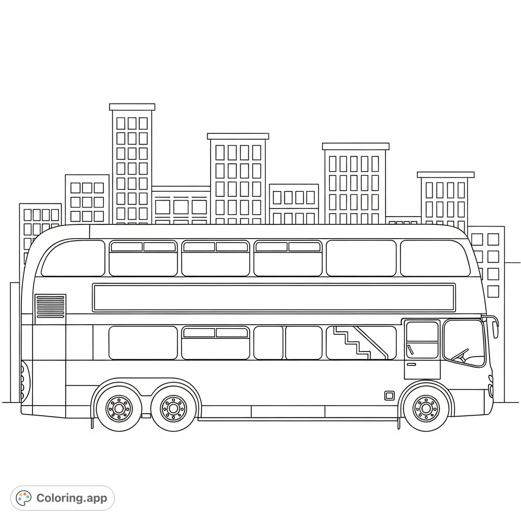 Color a classic double-decker bus in a bustling city setting. Features a bus in side profile with simple stair indication and a minimal skyline.