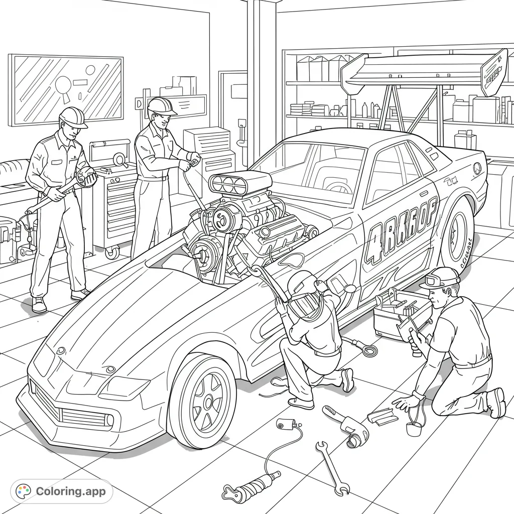 Dynamic drag racing car garage scene with mechanics, tools, and a powerful engine. A free printable race car coloring page for all ages.