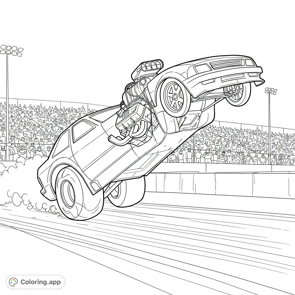 Dynamic drag racing car doing a wheelie, with a powerful engine and cheering crowd. A thrilling automotive scene for coloring enthusiasts.