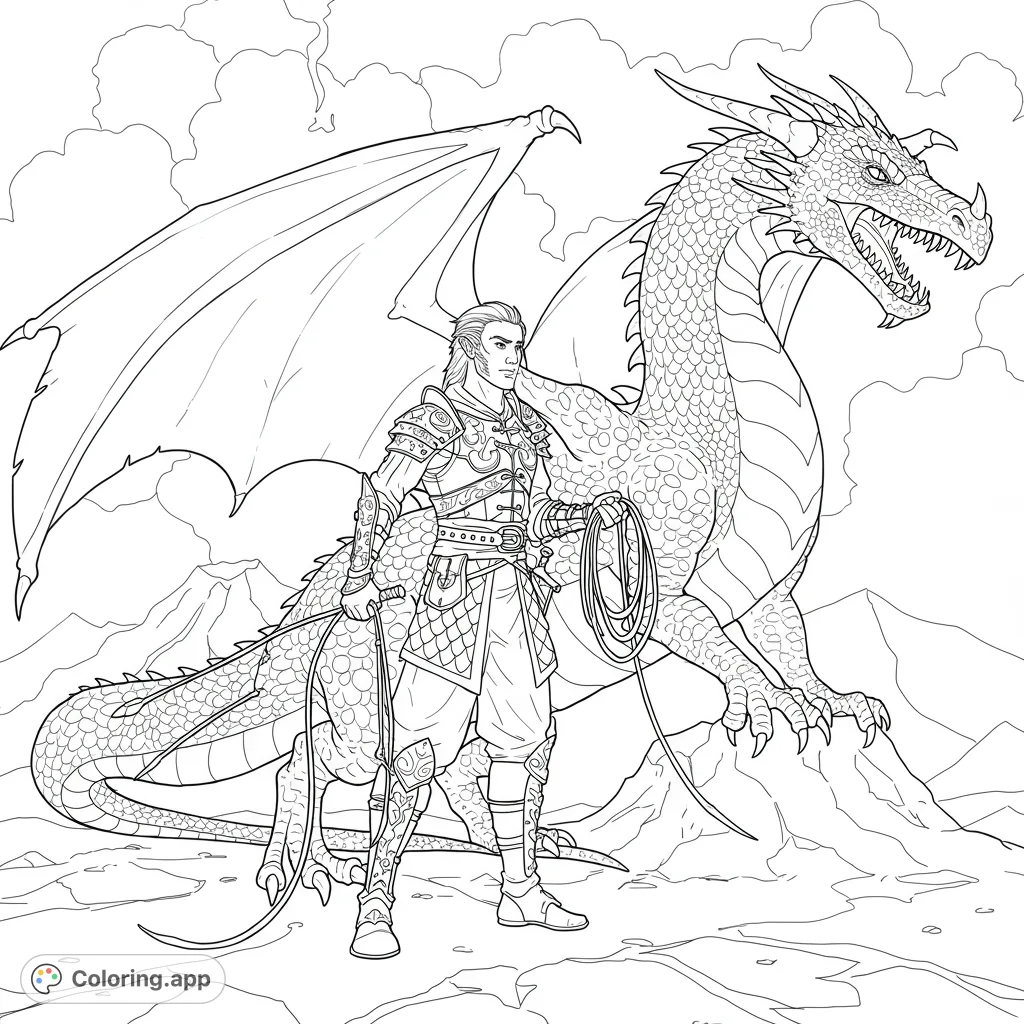 Epic fantasy dragon and elven warrior coloring page. Intricate details for a challenging and rewarding experience. Free printable coloring page.