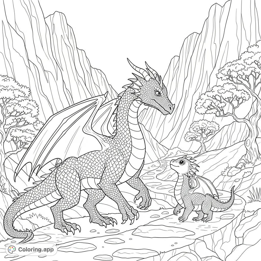 A majestic adult dragon and its curious hatchling explore a rugged mountain path. This detailed page offers intricate scales and a dramatic landscape for coloring.