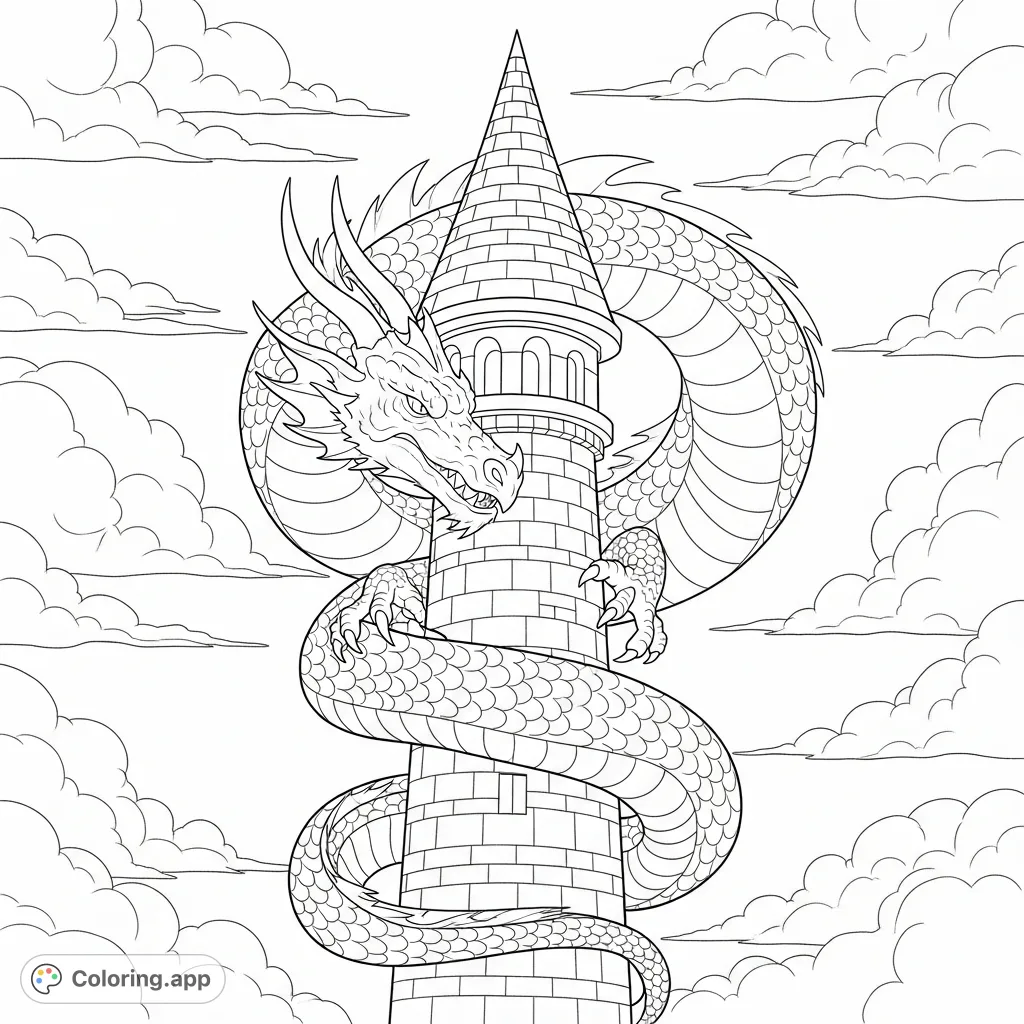 A magnificent dragon coils around a tall wizard tower with simplified stone textures, set against a backdrop of swirling clouds. A grand fantasy scene!