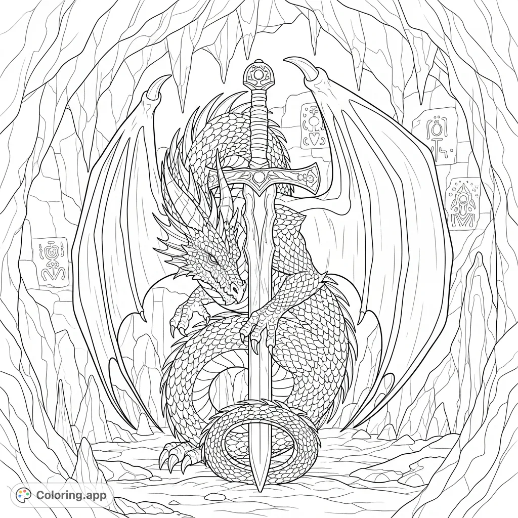 A powerful dragon intricately coiled around an ancient, ornate sword, standing guard within a rugged cavern. A captivating scene of fantasy and lore.