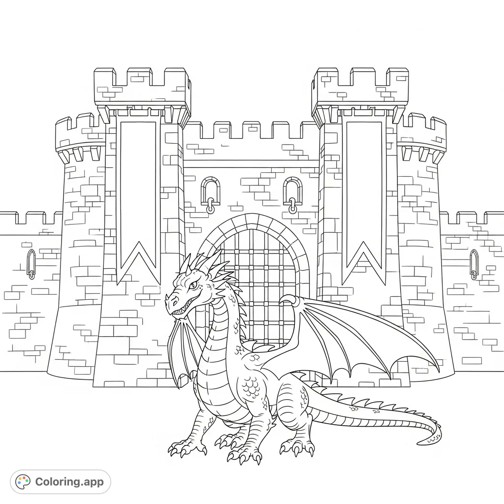 A majestic dragon stands sentinel before a grand castle gate, flanked by tall banners. Simplified medieval details offer a captivating coloring experience.