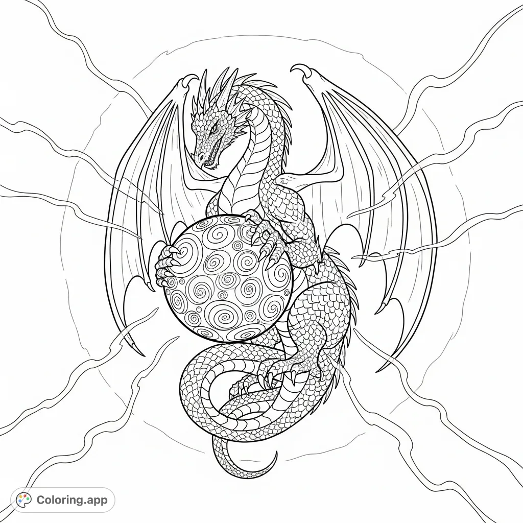 A powerful dragon coils around a mystical orb, radiating energy. Intricate scales and swirling patterns offer a captivating, magical coloring experience.
