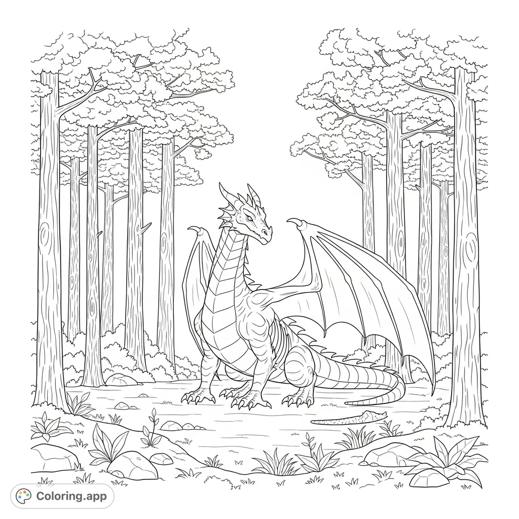An enchanting dragon stands amidst a serene forest clearing, surrounded by towering pines and ground foliage. Features simplified scales for easy coloring.