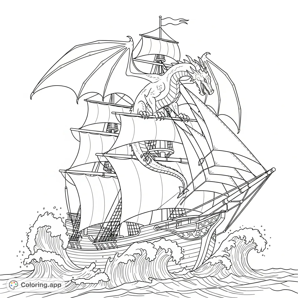A majestic dragon surveys the open ocean from its perch atop a grand ship's mast, with dynamic waves and billowing sails creating a thrilling maritime scene.
