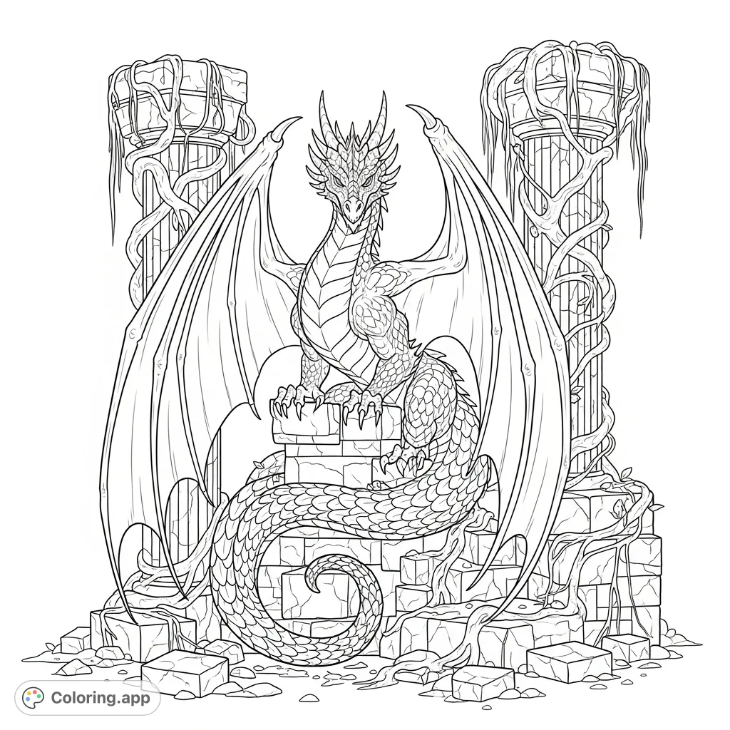 A majestic dragon perches on crumbling, vine-covered ancient ruins, its wings folded, offering an intricate fantasy scene for detailed coloring.