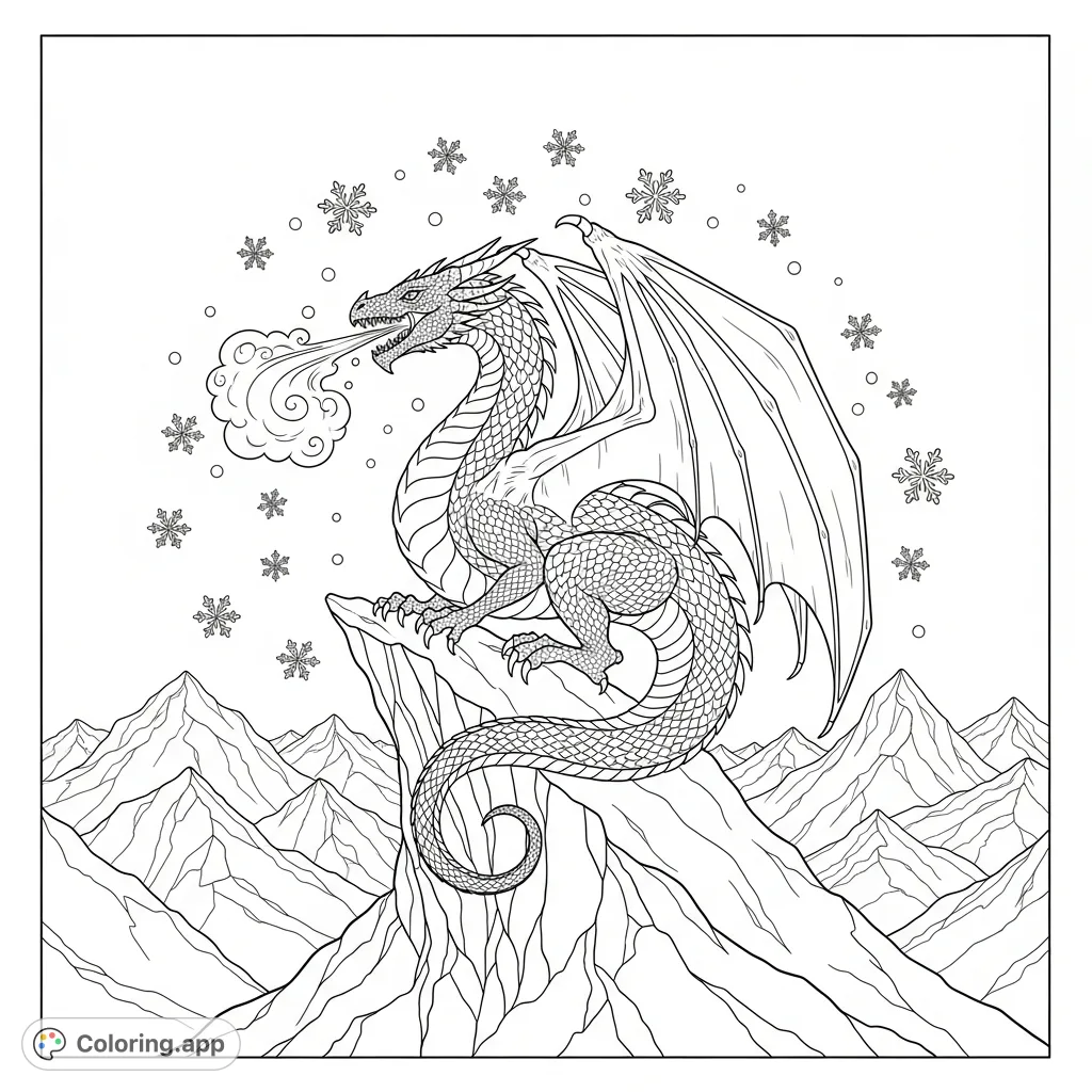 A majestic dragon perches on a snow-covered mountain peak, its cold breath visible in the frosty air, with intricate scales and wings. Snowflakes fall around it.