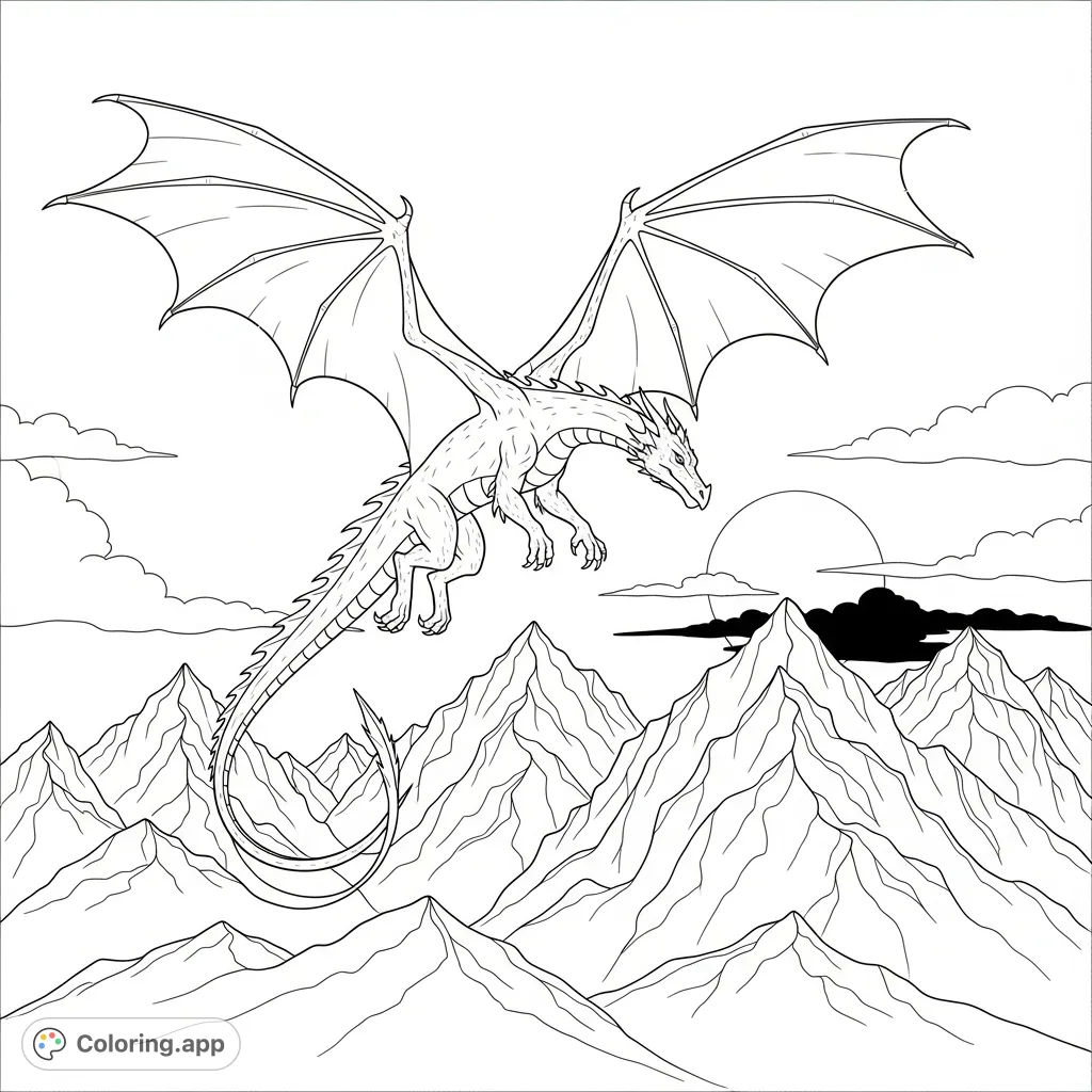 A majestic dragon with extended wings and a sweeping tail soars over rugged mountain peaks, with a distant sun in the background. Intricate details.