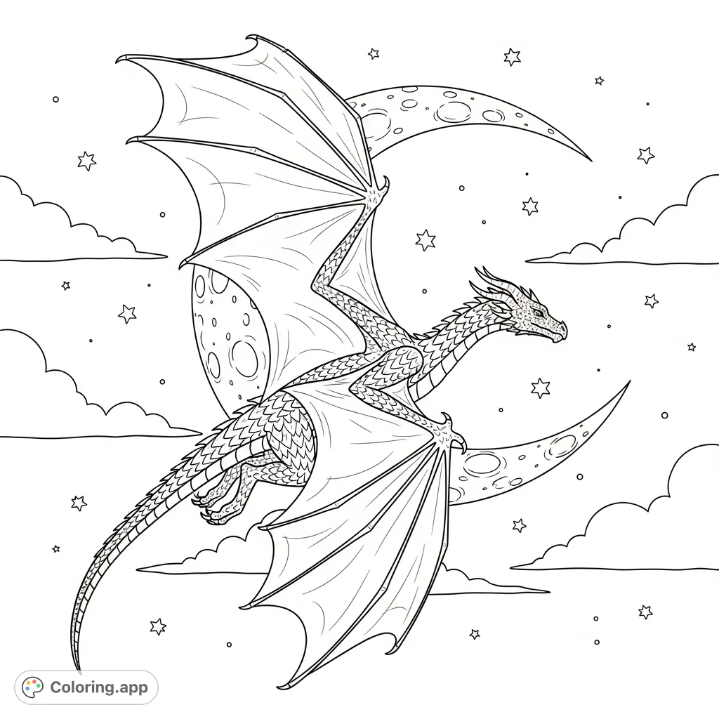 A majestic dragon with intricate scales and extended wings soars gracefully beside a detailed crescent moon, surrounded by a starry night sky and wispy clouds.