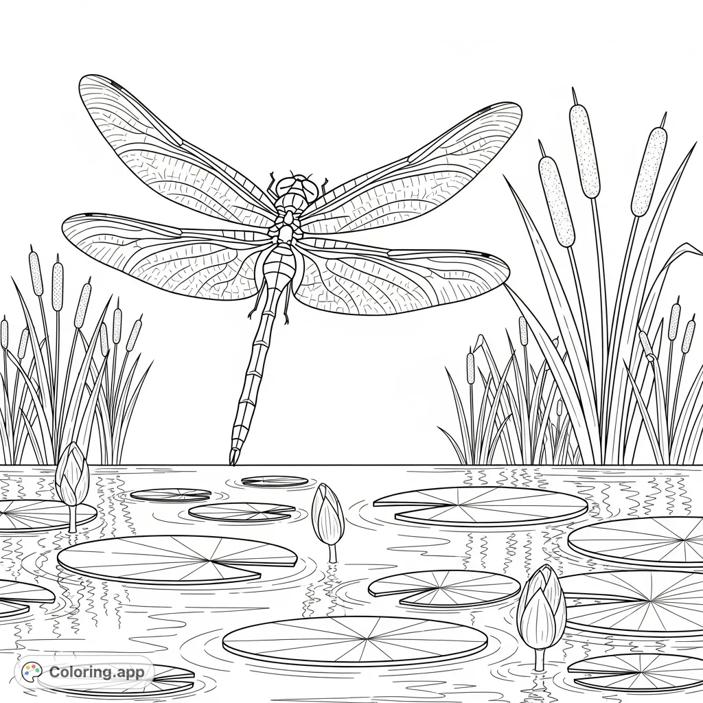 A detailed coloring page featuring a graceful dragonfly soaring above a peaceful pond, surrounded by lily pads and tall reeds. Perfect for nature lovers!