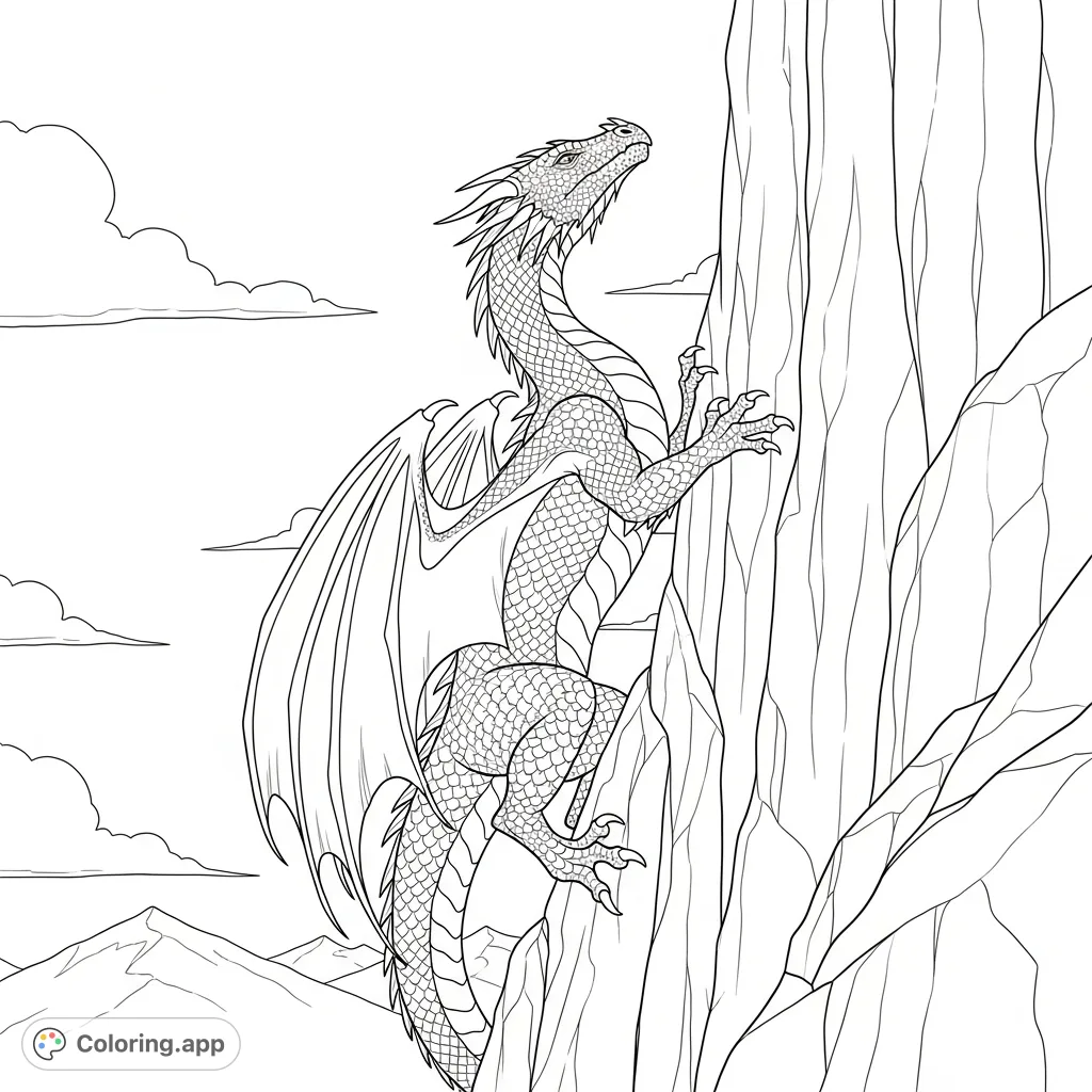 A majestic dragon skillfully scales a rugged, towering cliff face, its powerful claws gripping the rock. Features intricate scales and dramatic geological forms.