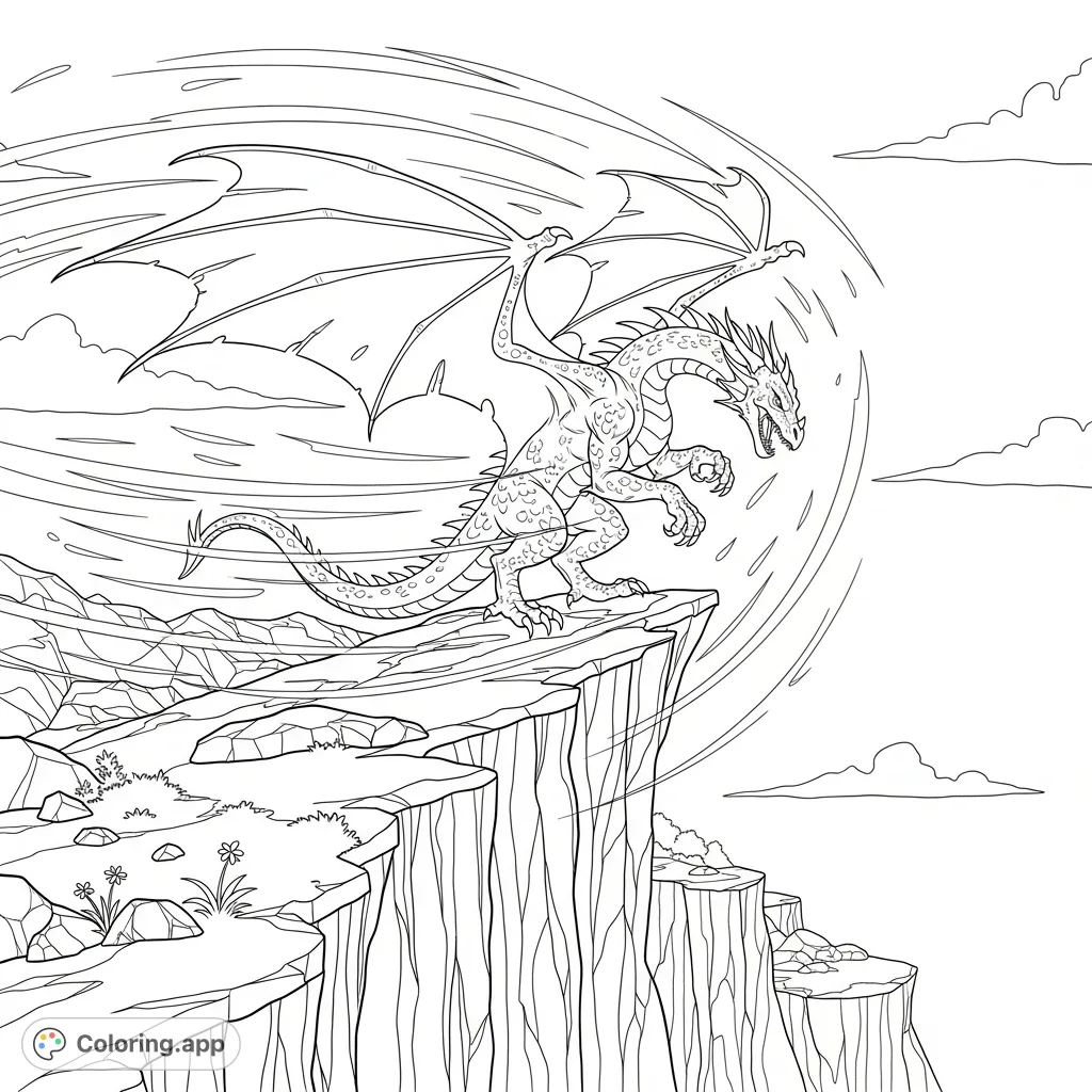 Color a powerful dragon battling a fierce gust of wind atop a jagged cliff, featuring dramatic poses and dynamic wind lines for an epic scene.