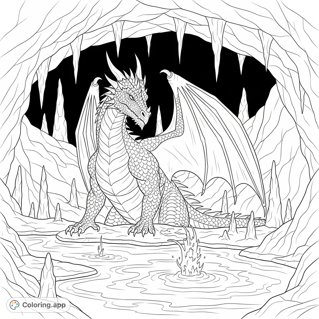 Unleash your creativity with this intricate dragon guarding a molten lava pool in a rugged cavern. A challenging and rewarding coloring experience awaits!