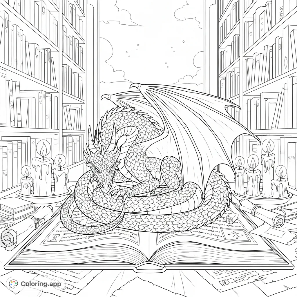An intricate coloring page featuring a dragon curled atop an ancient book in a grand library, surrounded by candles and scrolls, inviting detailed coloring.