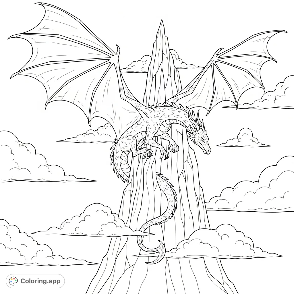 An epic coloring page featuring a majestic dragon spiraling around a colossal mountain pillar, surrounded by drifting clouds, inviting intricate detail.
