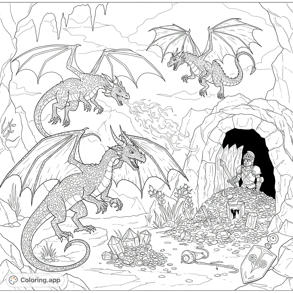 An epic fantasy coloring page featuring three majestic dragons guarding a vast treasure hoard and a brave knight within a detailed cave.