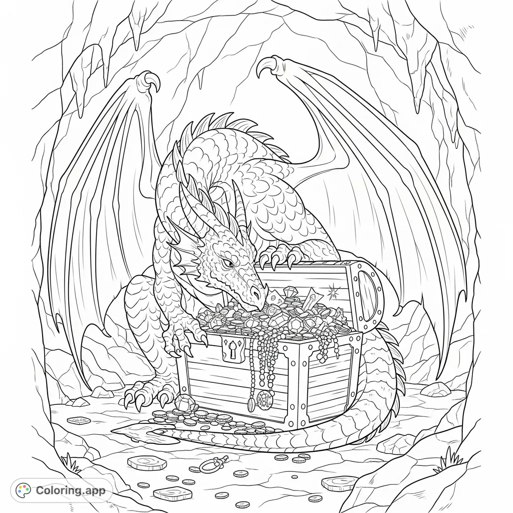 A magnificent dragon guards its overflowing treasure chest in a hidden cavern. Intricate scales and gleaming riches await your creative touch.