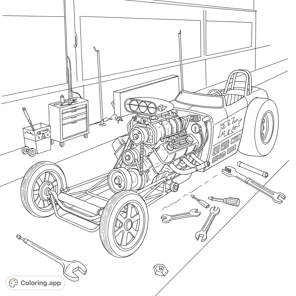 Detailed dragster engine coloring page in a garage workshop, perfect for car enthusiasts. Features exposed engine, tools, and a powerful racing machine.