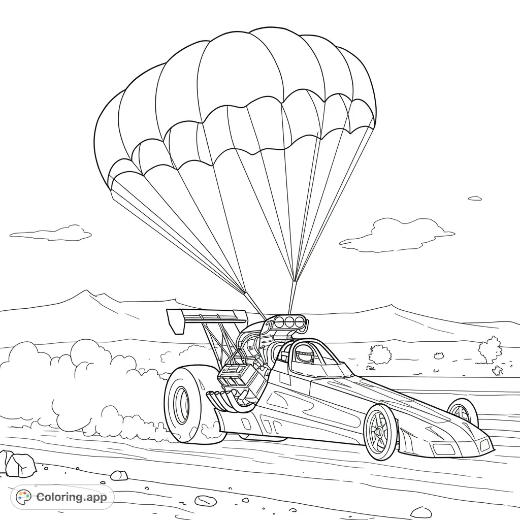 Experience the thrill of speed with this dragster coloring page! A powerful race car deploys its parachute on a dusty track, ready for your vibrant colors.